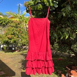 ENZE Venice red cotton ruffle tiered hem sleeveless midi dress